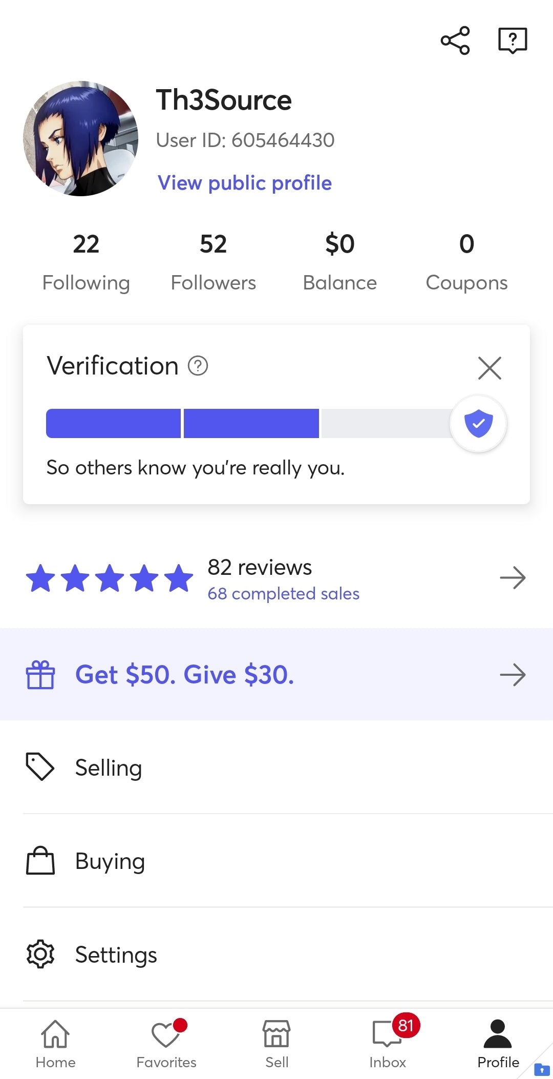 Selling History on Mercari